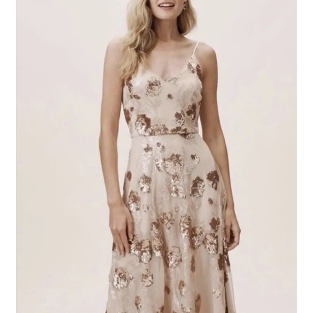 BHLDN Champagne/Gold Firelle Dress. Such a find! Sequin embroidery.